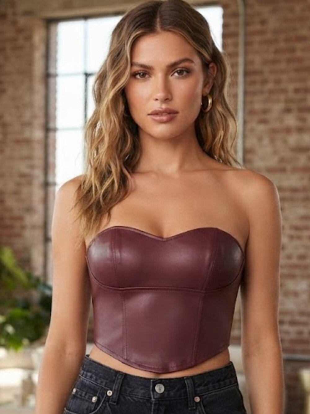 Missguided Burgundy Faux Leather Strapless Crop Top